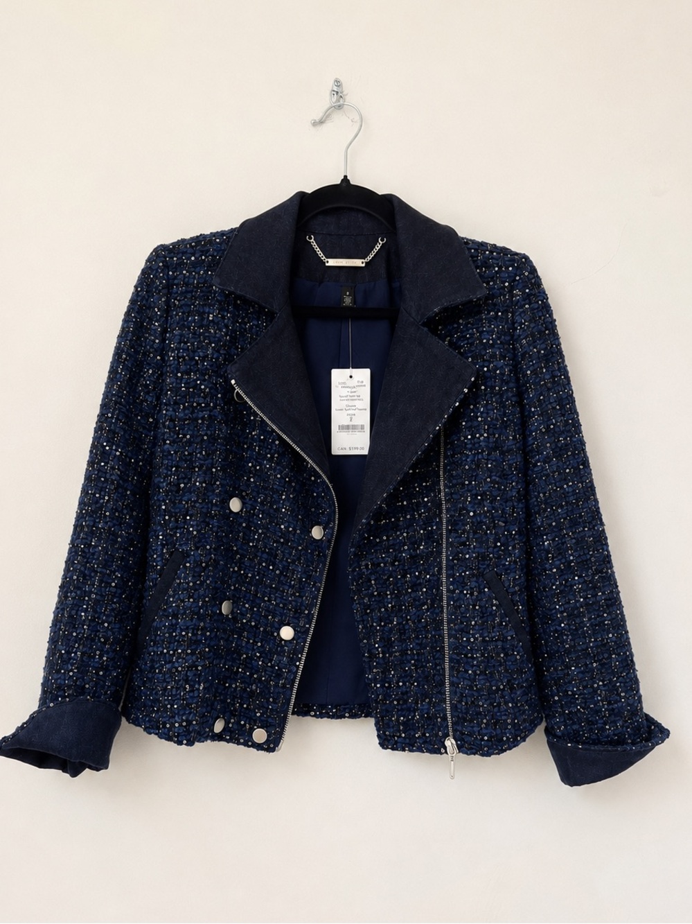 WHBM NWT Navy Sequin Tweed Moto Jacket Size 2